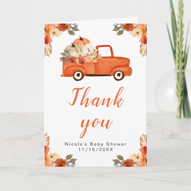 Floral Pumpkin Truck Baby Shower  Thank You Card (Front)