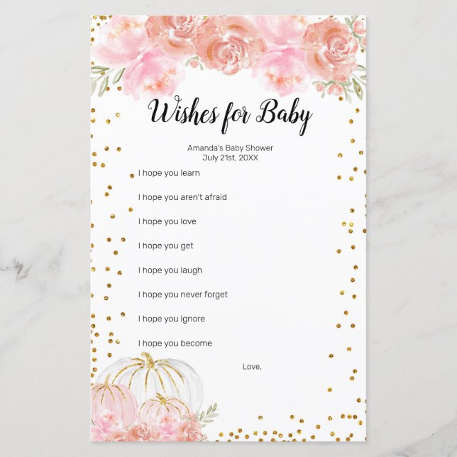 Floral Pumpkin Watercolor Wishes for Baby Game (Front)