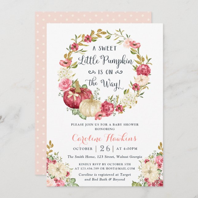 Floral Pumpkin Wreath Blush Glitter Baby Shower Invitation (Front/Back)