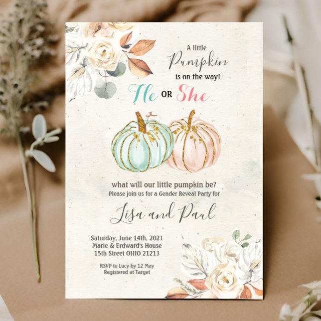 Floral Pumpkins He or She Gender Reveal Invitation (Creator Uploaded)