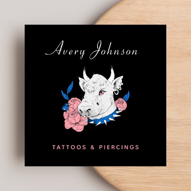 Floral Punk Rock Cow Tattoo Artist Social Media Square Business Card (Creator Uploaded)