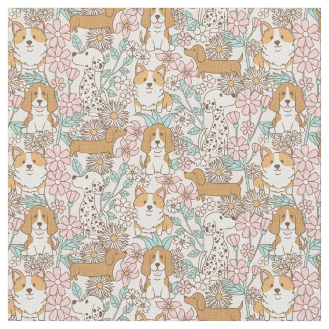 Floral Puppies Fabric (Close Up)