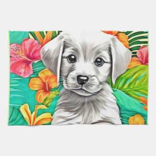 Floral Puppy Art Tea Towel