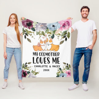 Floral Puppy My Godmother Loves Me Personalised Fleece Blanket