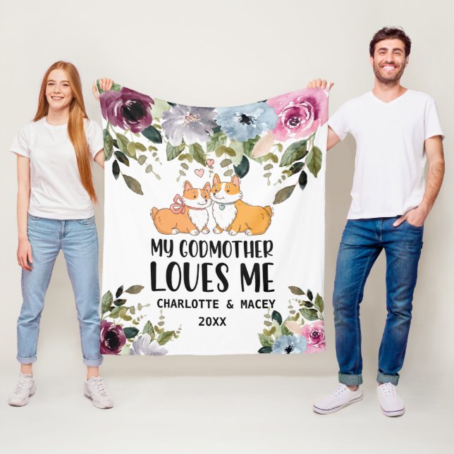 Floral Puppy My Godmother Loves Me Personalised Fleece Blanket (In Situ)