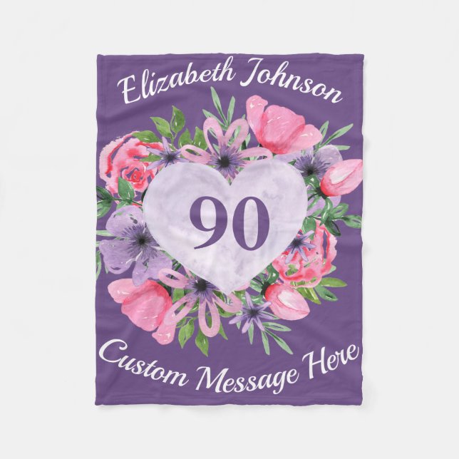 Floral Purple 90th Birthday Blanket for Women (Front)