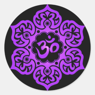Floral Purple and Black Aum Design Classic Round Sticker