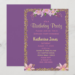 Floral Purple and Gold Birthday Party Invitations