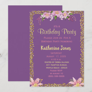 Floral Purple and Gold Birthday Party Invitations