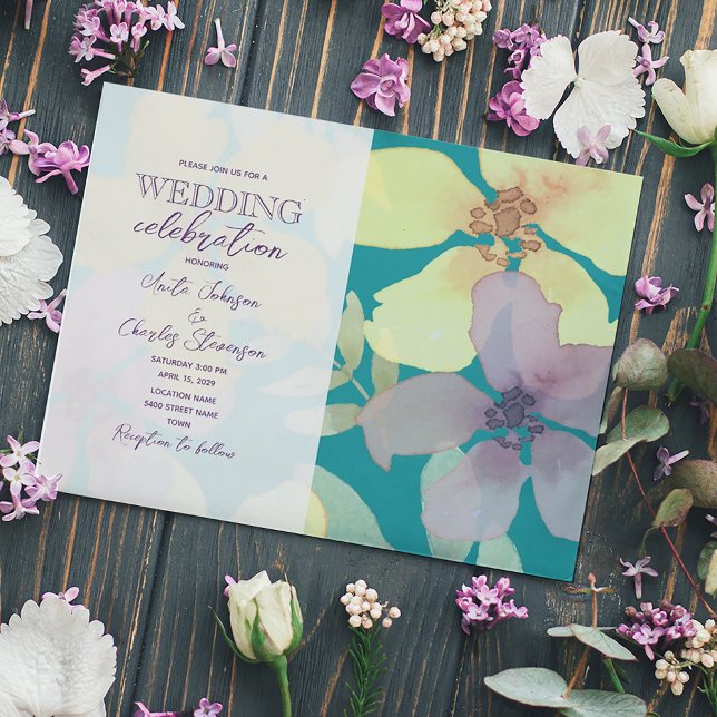 Floral Purple and Turquoise Wedding Invitation (Creator Uploaded)