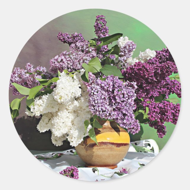 Floral Purple and White Lilacs Bouquet Photo Classic Round Sticker (Front)