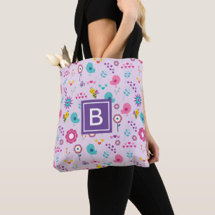 Floral Purple Bee Pattern Monogram Kids Tote Bag