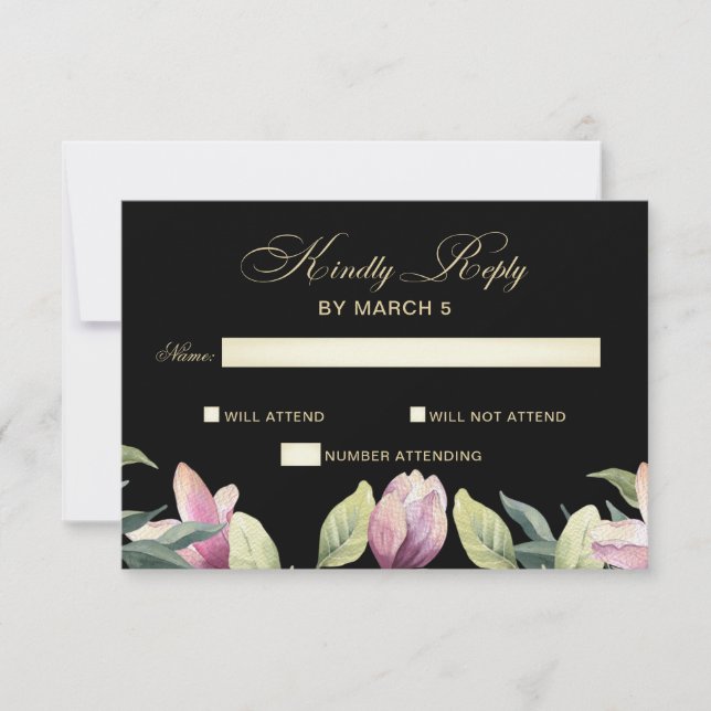 Floral Purple Black and Gold wedding rsvp Card (Front)