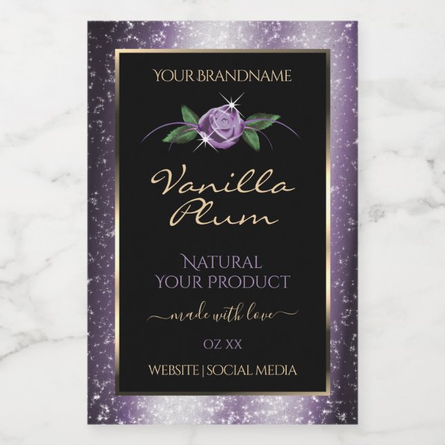 Floral Purple Black Product Labels Soft Glitter (Single Label)