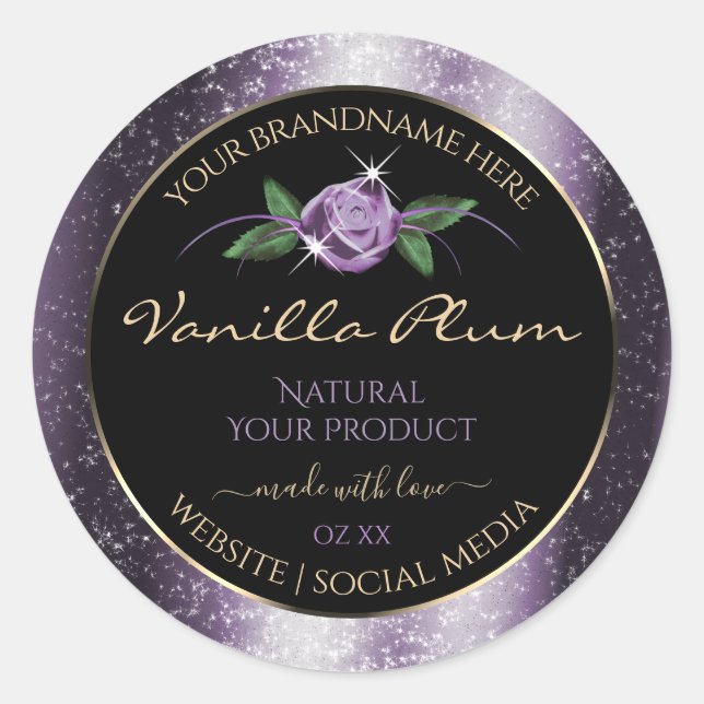 Floral Purple Black Product Labels Soft Glitter (Front)