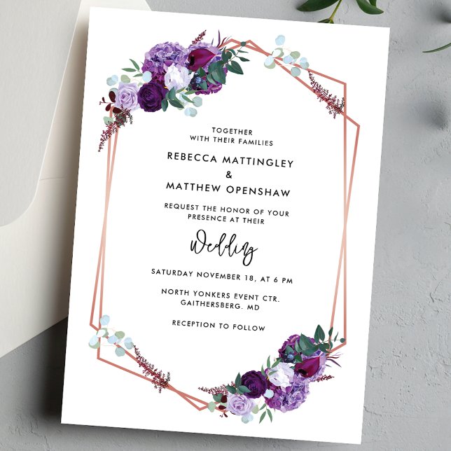 Floral Purple Botanical Script Wedding Invitation (Purple Floral Geometric Script Wedding Invitation)