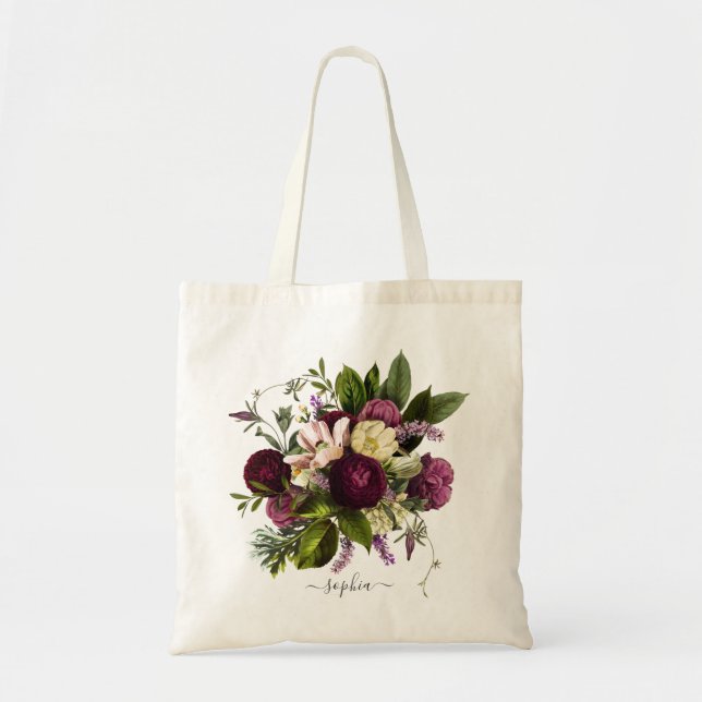 Floral Purple Botanical Vintage Personalised Tote Bag (Front)