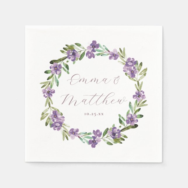 Floral Purple Botanical Wreath Wedding Monogram Napkin (Front)