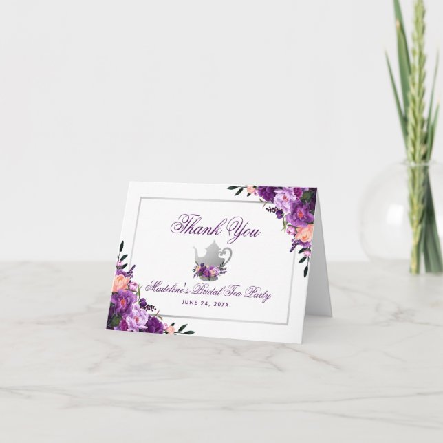Floral Purple Bridal Tea Party Thanks Note Thank You Card (Front)
