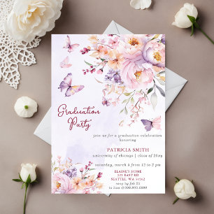 Floral Purple Butterflies Photo Graduation Party Invitation