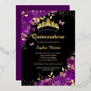 Floral Purple Butterfly Gold Elegant Quinceanera 