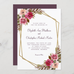 Floral Purple Cassis Wedding Chic Gold Frame Invitation