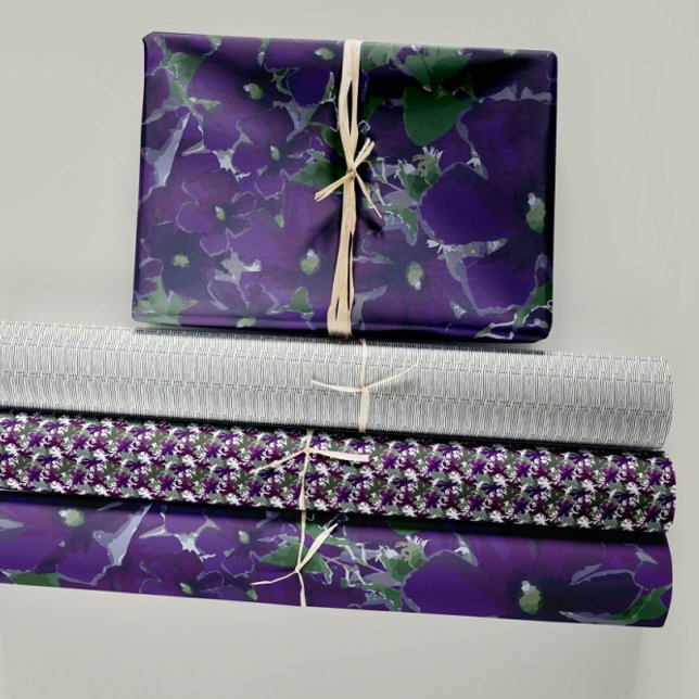 Floral Purple Clematis Trio Decoupage Gift Wrapping Paper Sheet (Clematis Pretty Modern Chic Purple Vine Florals Wrapping Paper Sheets. Jenn Steffen-Studio Posies.)