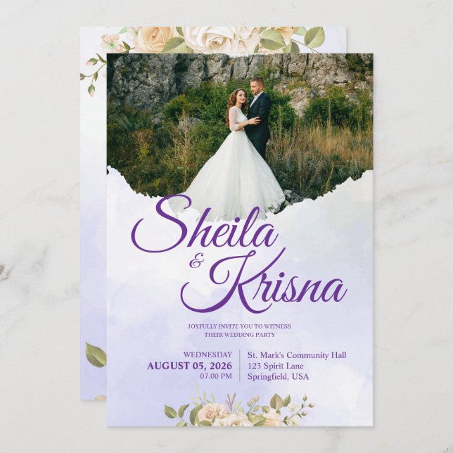 Floral Purple Elegance Wedding with Photo Invitation (Front/Back)