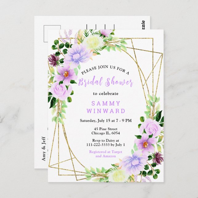 Floral Purple Flowers with Foliage Bridal Shower Postcard (Front/Back)