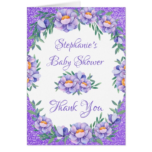 Floral Purple Glitter Baby Shower Thank You (Front)