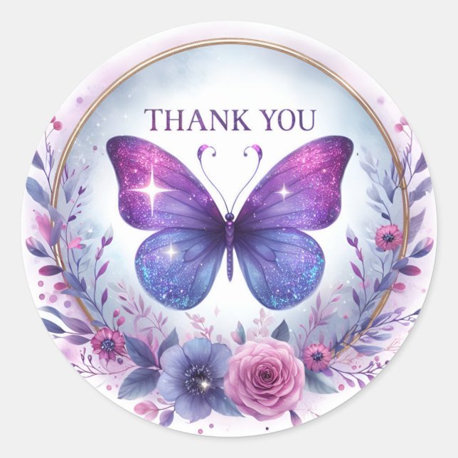 Floral Purple Glitter Butterfly - Thank you - Classic Round Sticker (Front)