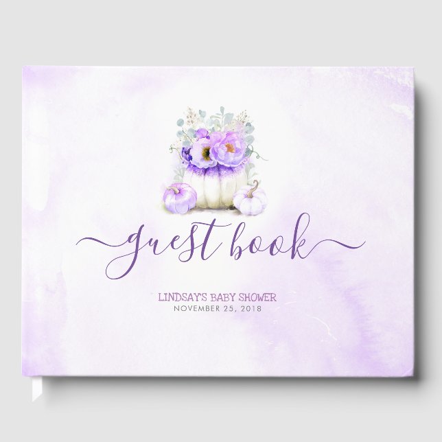 Floral Purple Glitter Pumpkin Baby Shower Guest Book (Front)
