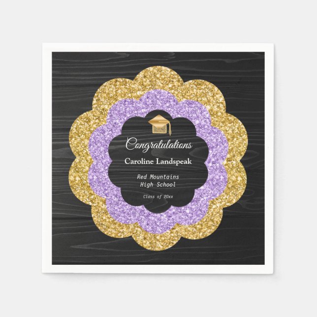 Floral Purple & Gold Glitter Graduation Party Napkin (Front)