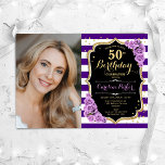 Floral Purple Gold Photo 50th Birthday Invitation<br><div class="desc">Elegant floral feminine 50th birthday invitation with your photo. Glam purple, black, white design with faux glitter gold. Features stripes, lavender roses, script font and confetti. Perfect for a stylish adult bday celebration party. Personalise with your own details. Can be customised for any age! Printed Zazzle invitations or instant download...</div>