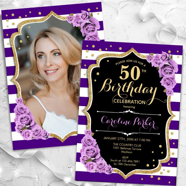 Floral Purple Gold Photo 50th Birthday Invitation (Creator Uploaded)