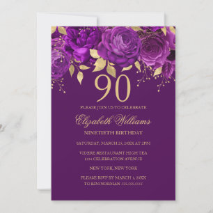 Floral Purple Gold Rose 90th Birthday Invitation