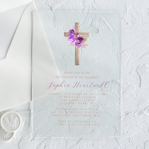 Floral Purple Gold Roses Cross Girl Baptism Acrylic Invitations