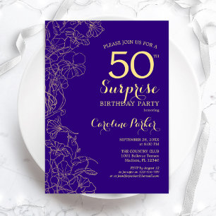 Floral Purple Gold Surprise 50th Birthday Party Invitation