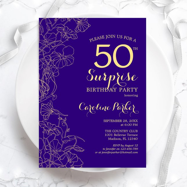 Floral Purple Gold Surprise 50th Birthday Party Invitation (Creator Uploaded)
