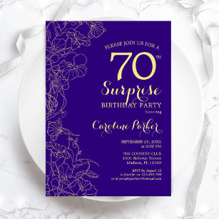 Floral Purple Gold Surprise 70th Birthday Party Invitation