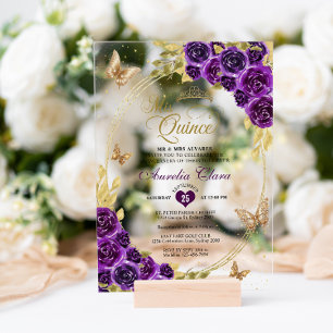 Floral Purple Gold Tiara Butterfly Mis Quinceañera Acrylic Invitations