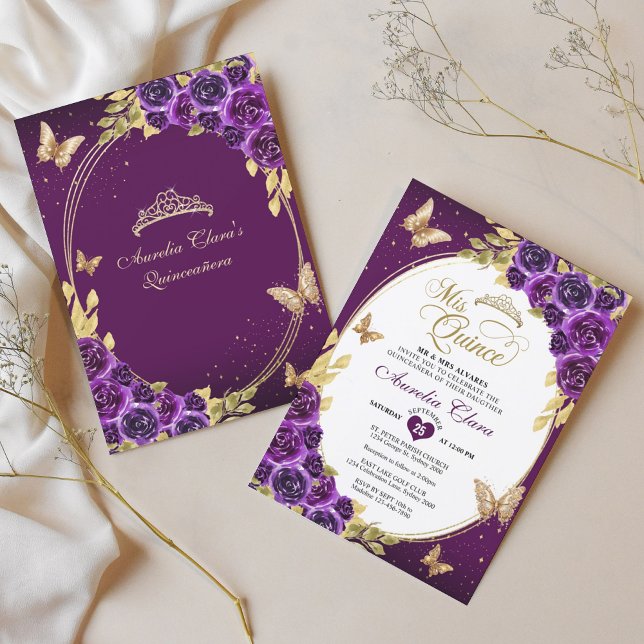 Floral Purple Gold Tiara Butterfly Mis Quinceañera Invitation (Creator Uploaded)