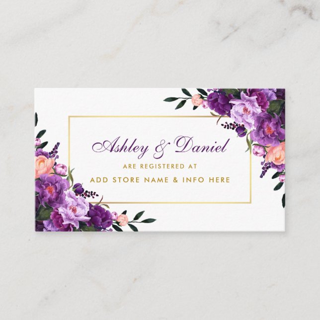 Floral Purple Gold Wedding Registry Insert Card (Front)