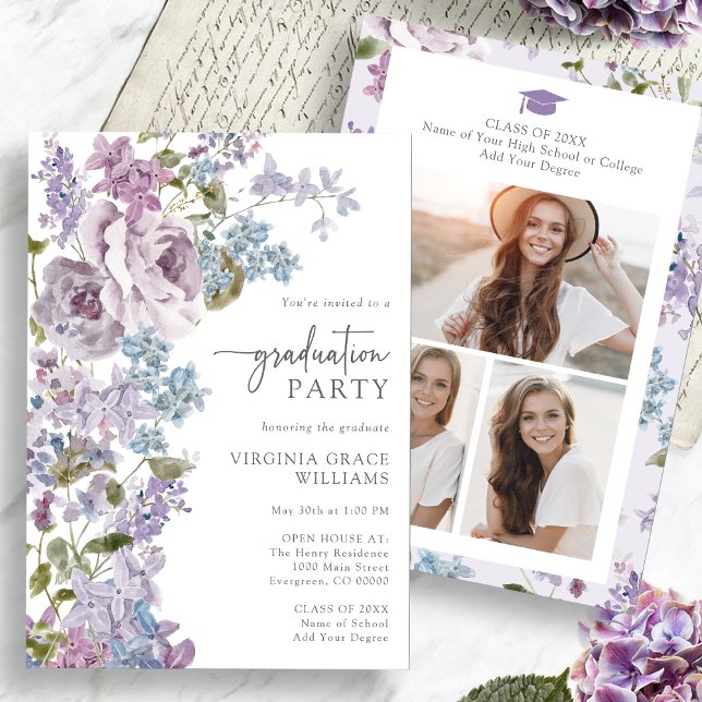 Floral Purple Graduation Invitation (Watercolor Floral Purple Lilac Graduation Invitation Pictures on back by Painted Paperie
)
