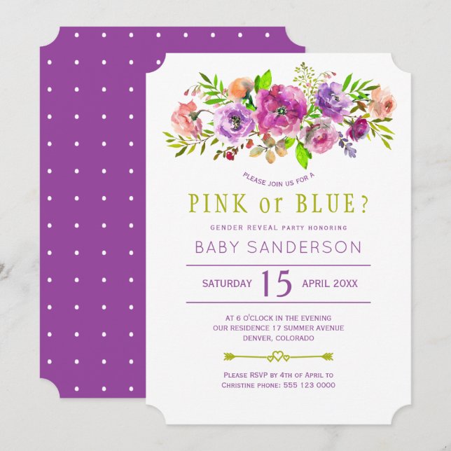 Floral purple green baby gender reveal party invitation (Front/Back)