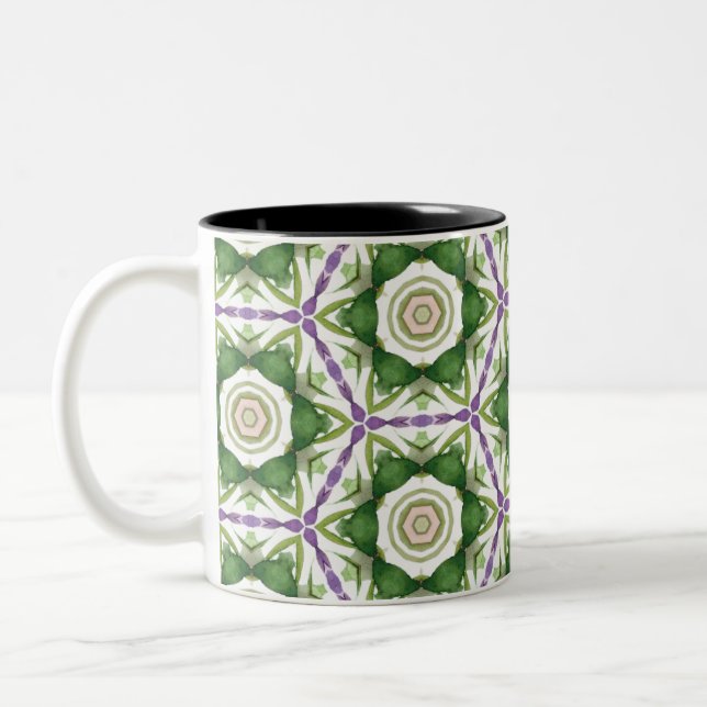 Floral Purple Green Geometric  Two-Tone Coffee Mug (Left)