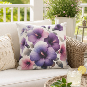 Floral Purple Hibiscus Flower Blooms Cushion