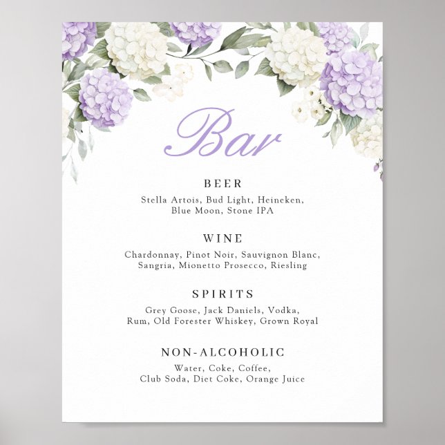 Floral Purple Hydrangea Greenery Wedding Bar Sign (Front)