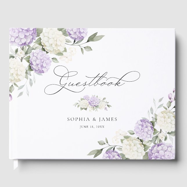 Floral Purple Hydrangea Greenery Wedding Guest Book (Front)