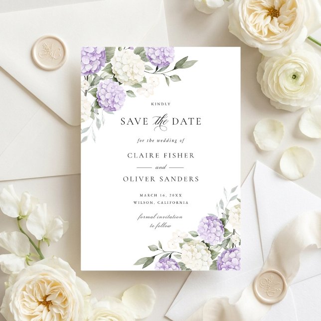 Floral Purple Hydrangea Wedding Save the Date Invitation (Creator Uploaded)